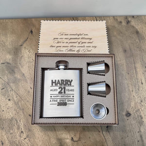 stainless steel hip flask engraved with name, age, happy birthday and year born in a engraved wooden gift box