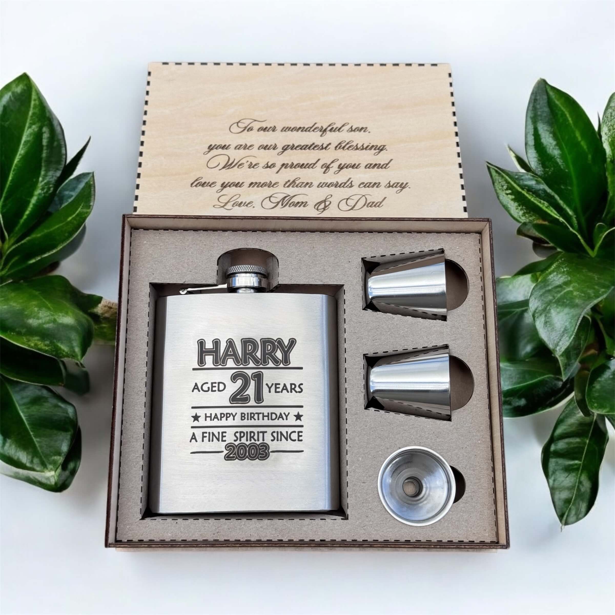 stainless steel hip flask engraved with name, age, happy birthday and year born in a engraved wooden gift box